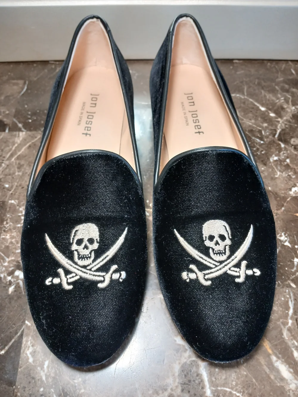 Jon Josef Black Velvet Skull Embroidered Slip-On Loafers